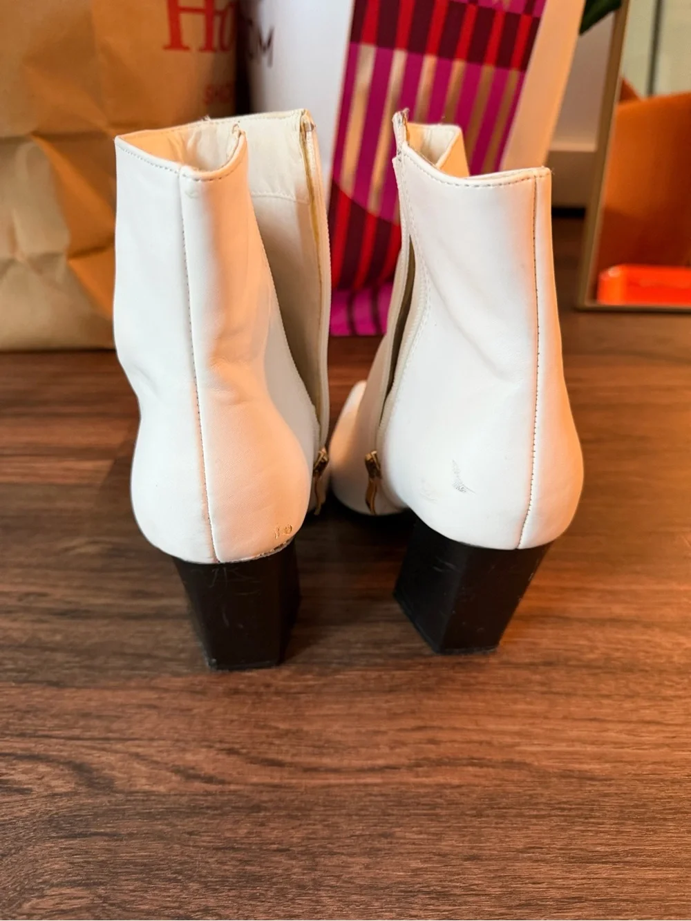 JustFab White Pointed Toe Ankle Booties with Block Heel
